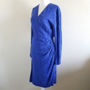 Vintage Blue Floral Silk Faux Wrap Dress